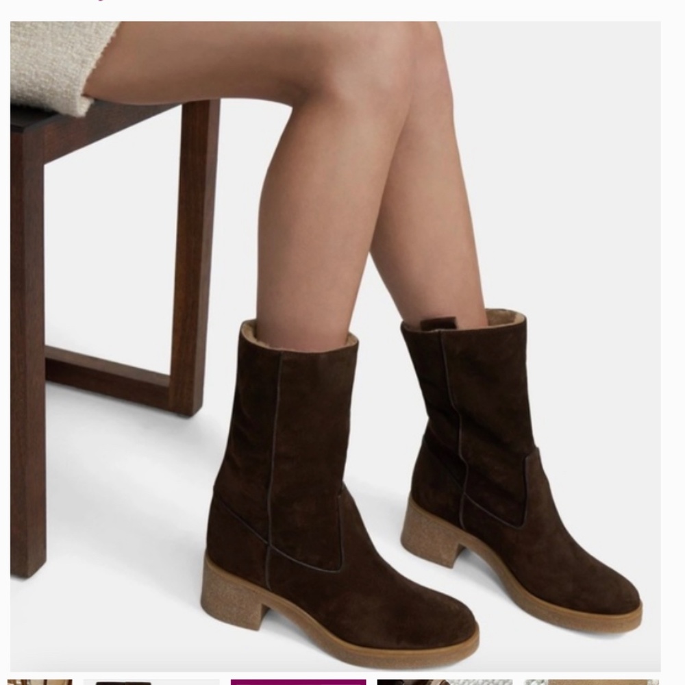Theory Crepe Heel Bootie Brown Cow Suede , Dyed Shearling Lamb Winter boots